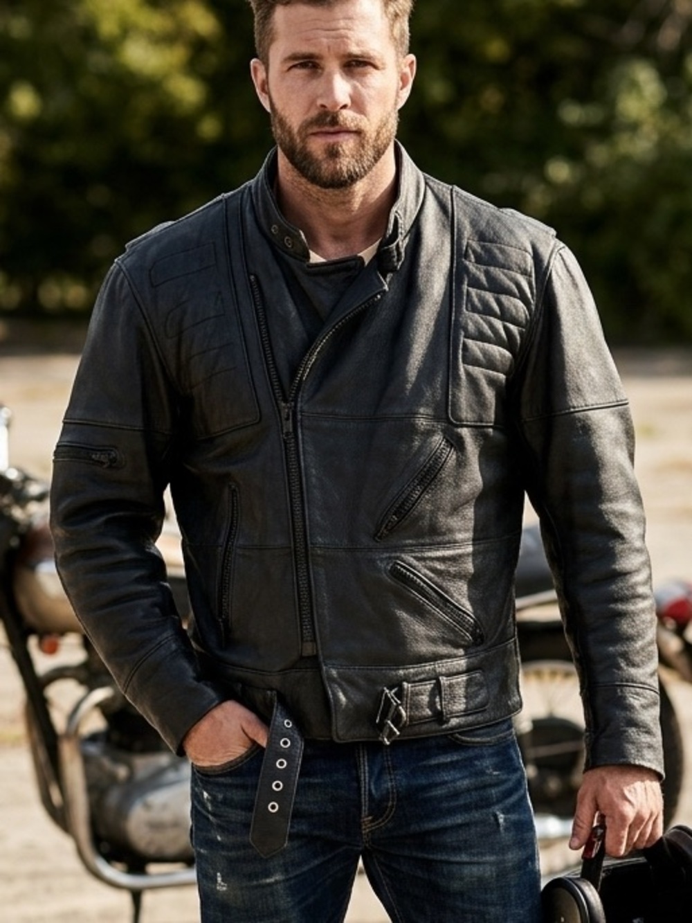 Men's Black Leather Bomber Jacket with Quilted Shoulder Panels